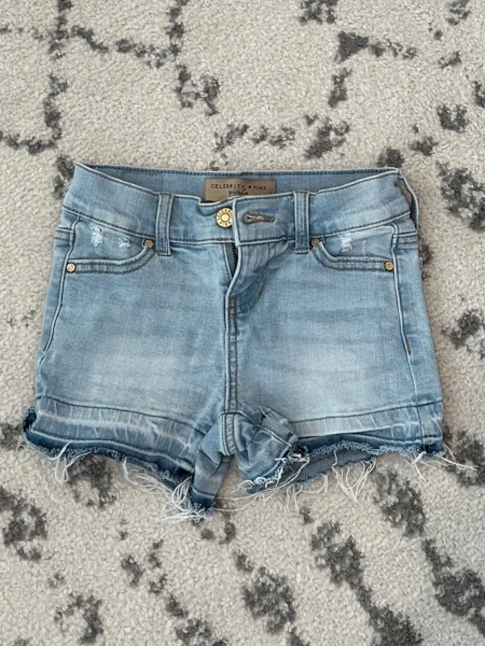 Celebrity Pink Light Wash Denim Frayed Hem Shorts